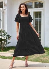 Square Neckline Puff Sleeve Smocked Maxi Dress