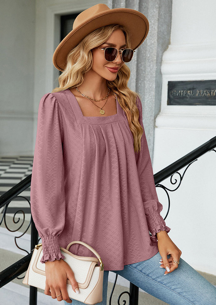 Jacquard Pleated U Neck Casual Blouse