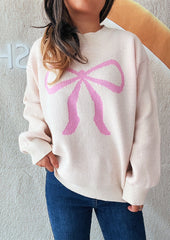 Crew Neck Pattern Bow Knitted Sweater