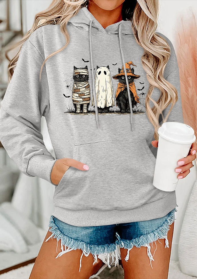 Spooky Cat Print Hooded Casual Sweatshirt
