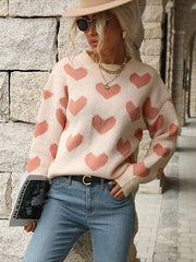 Heart Pattern Crew Neck Knitted Sweater