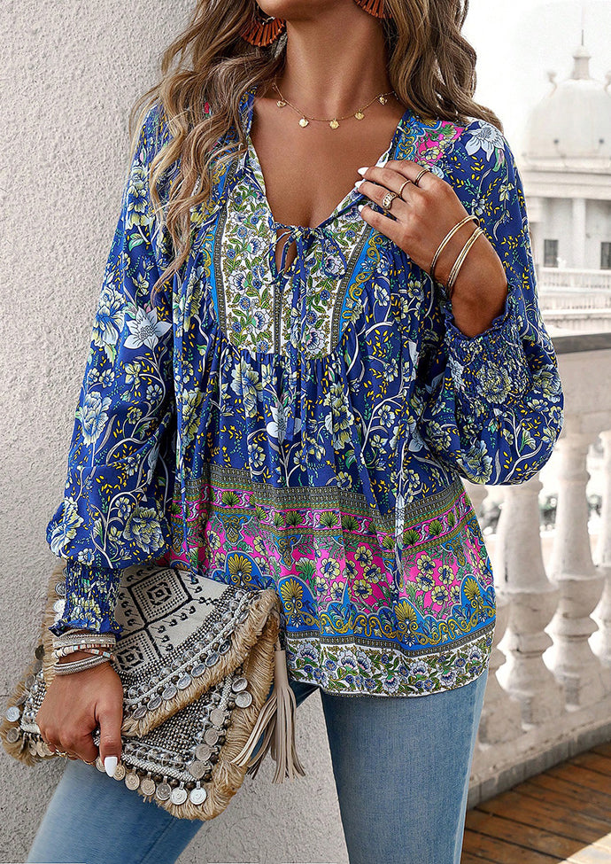 Tie Detail Smocked Cuff Boho Blouse