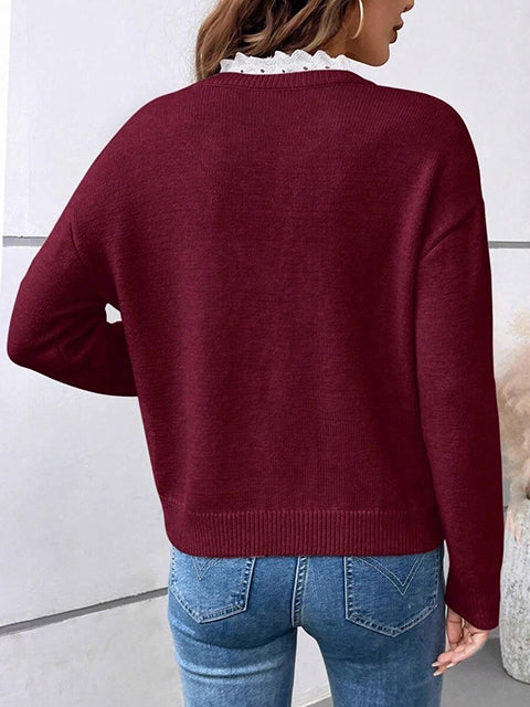 Lace Splicing V-Neck Knitted Sweater