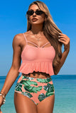 Ruffled Tankini Set with Tropical Print Bottoms Pink - Swimwear from Cindelily