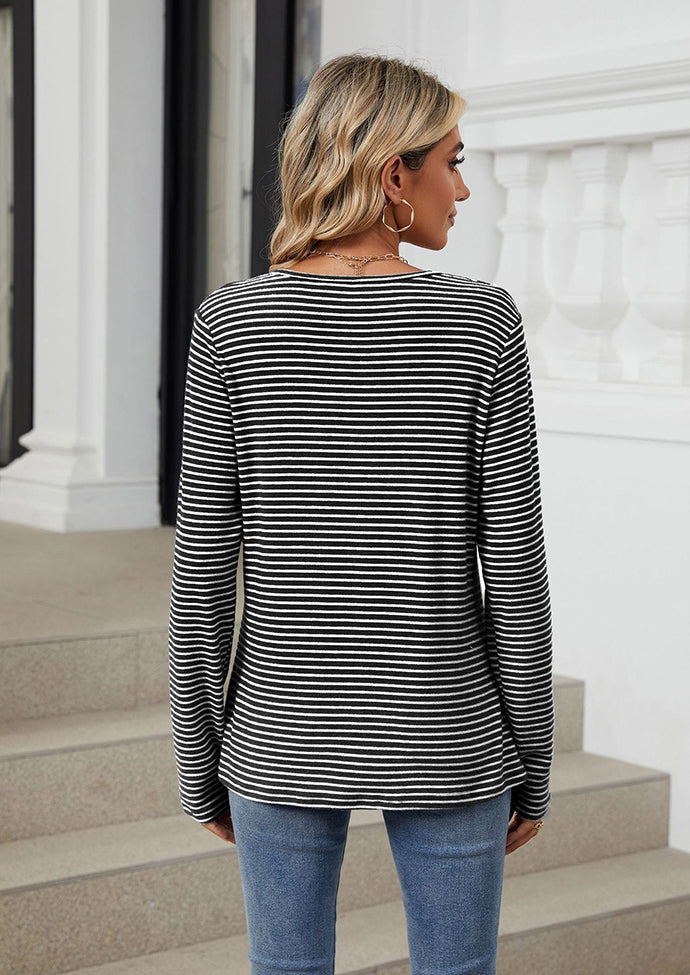 Button Up Striped Long Sleeve T-shirt