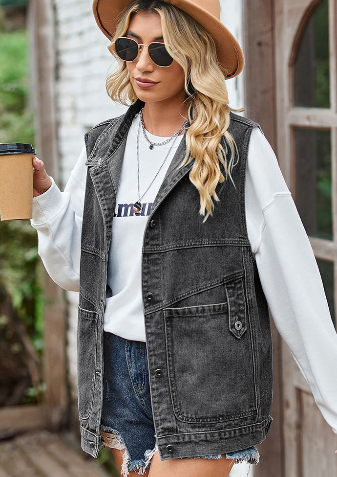 Button Up Hooded Denim Vest with Pockets