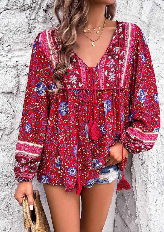 Boho Tie Detail Long Sleeve Blouse