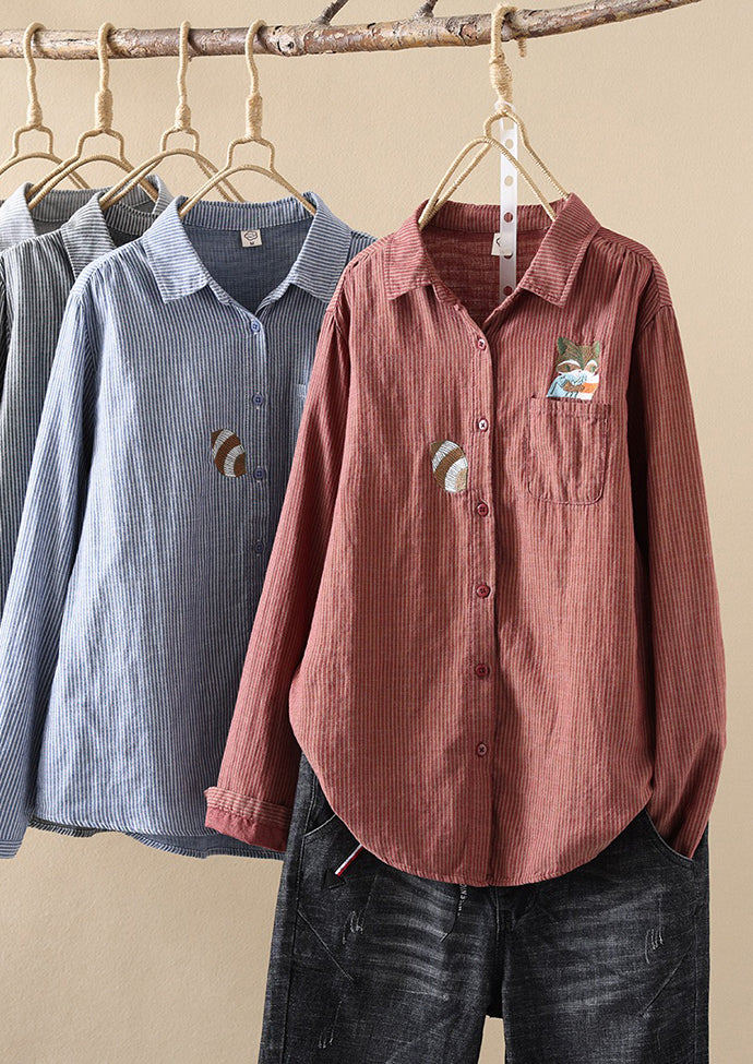 Fox Embroidered Striped Button Up Shirt