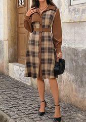 Retro Plaid Corduroy Patchwork Midi Dress with Belt