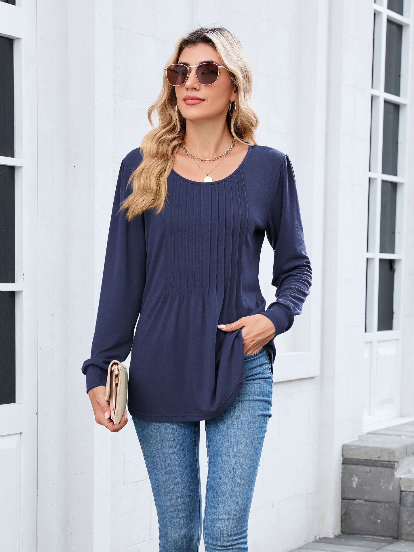 Pleated Crew Neck Long Sleeve Tunic
