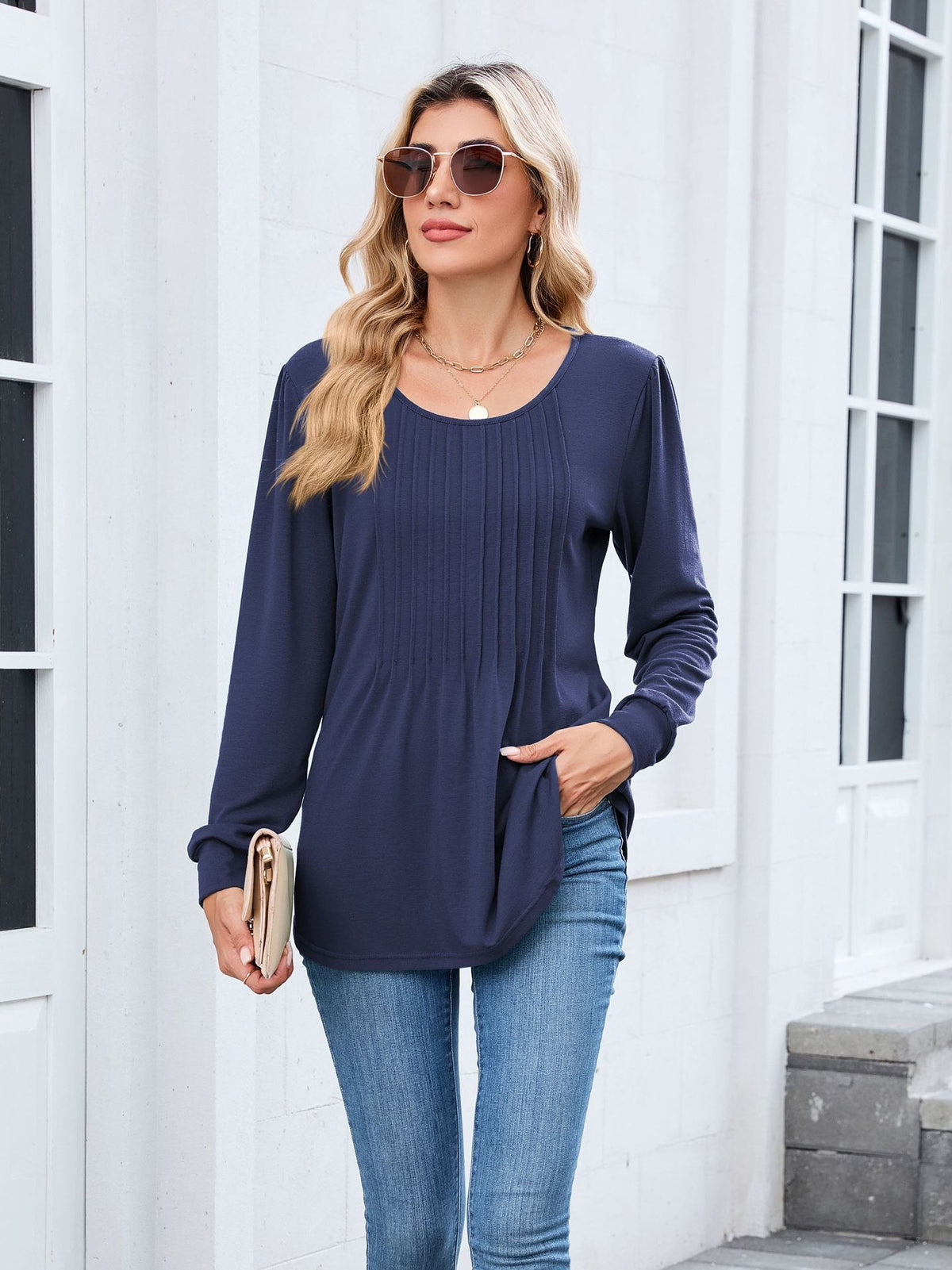 Pleated Crew Neck Long Sleeve Tunic