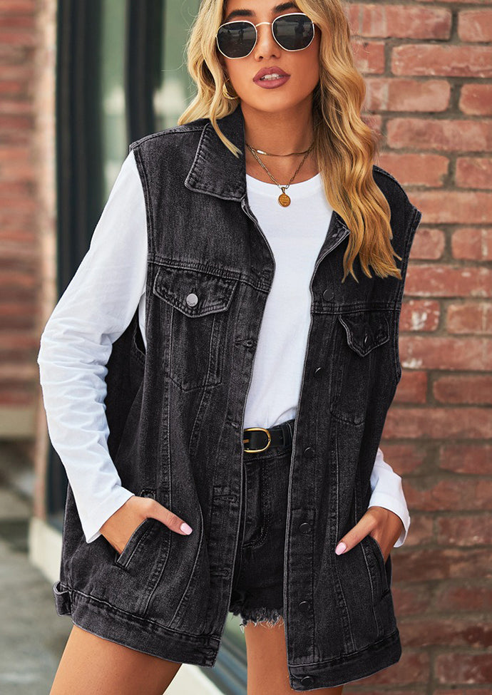 Retro Washed Denim Vest with Pockets