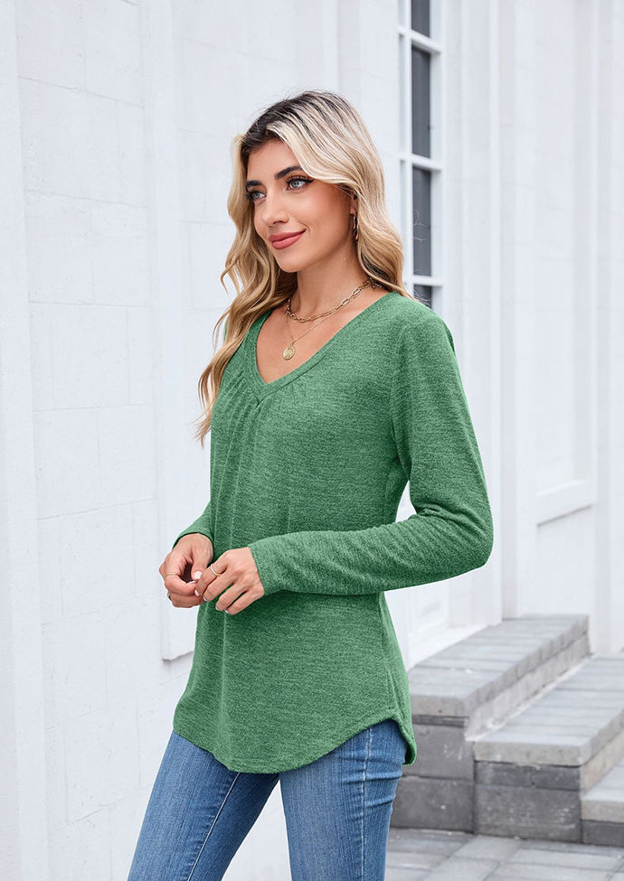 V-neck Pleated Solid Long Sleeve T-shirt