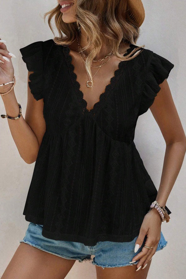 Ruffled V-Neck Eyelet Lace Blouse Black - Blouses & Shirts from Cindelily