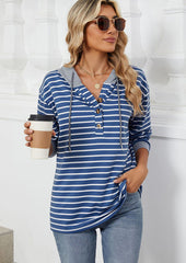 Button Up Hooded Stripe Casual Sweatshirt