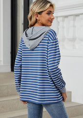 Button Up Hooded Stripe Casual Sweatshirt