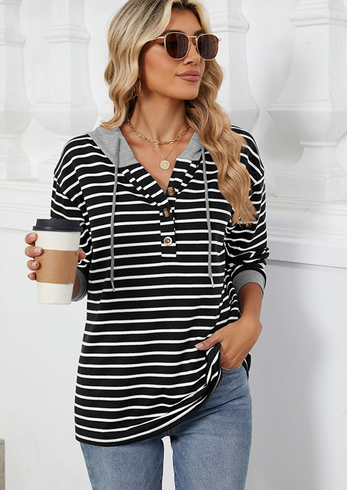Button Up Hooded Stripe Casual Sweatshirt