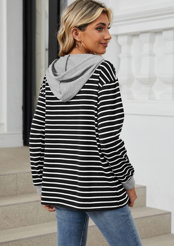 Button Up Hooded Stripe Casual Sweatshirt