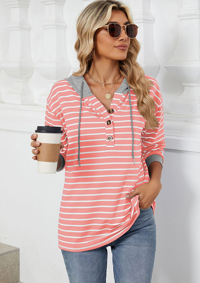 Button Up Hooded Stripe Casual Sweatshirt