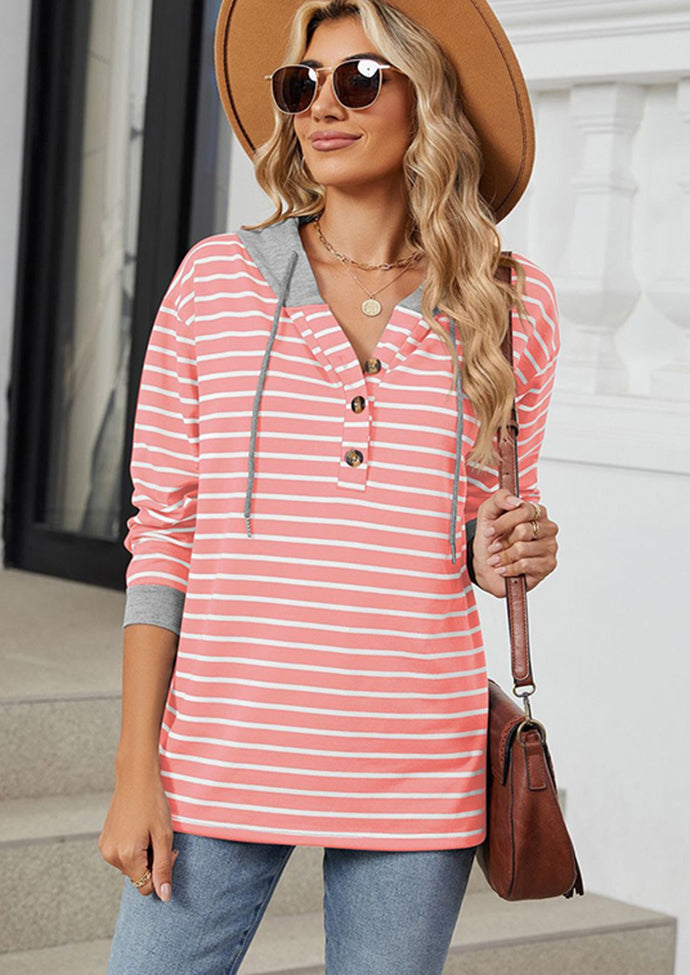 Button Up Hooded Stripe Casual Sweatshirt