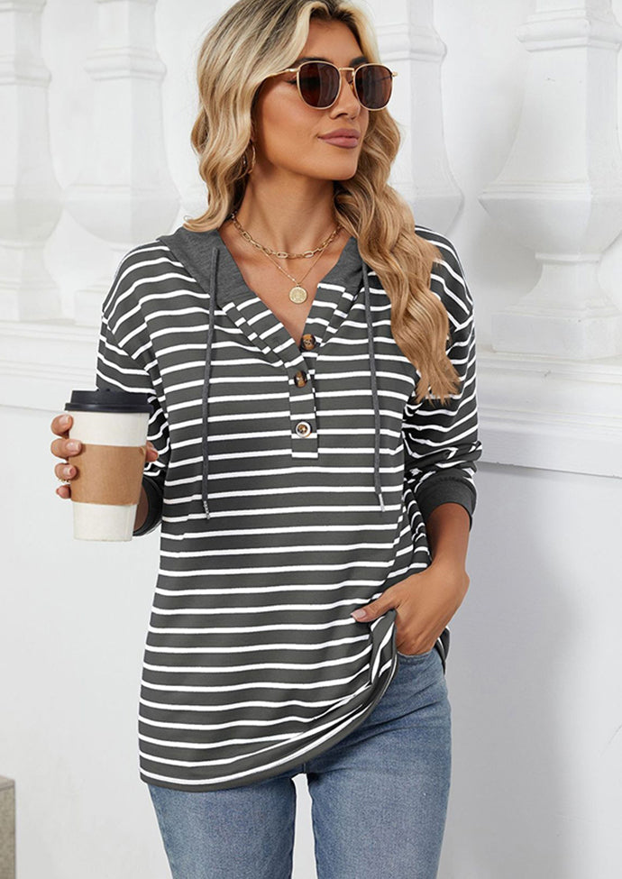 Button Up Hooded Stripe Casual Sweatshirt