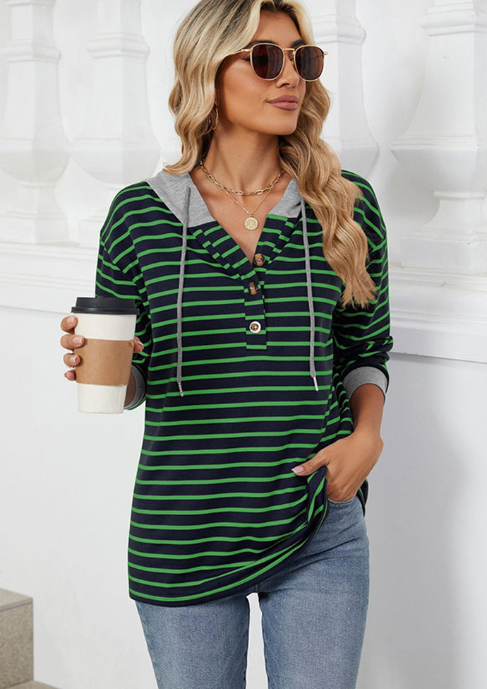 Button Up Hooded Stripe Casual Sweatshirt