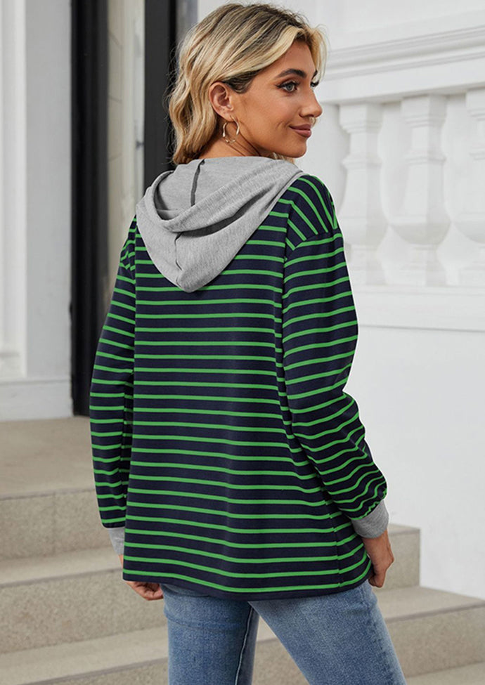 Button Up Hooded Stripe Casual Sweatshirt