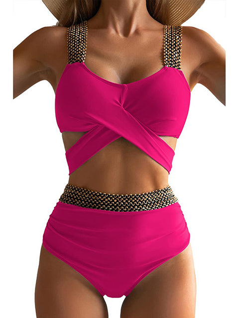 Solid Patchwork Crossed Bikini Sets