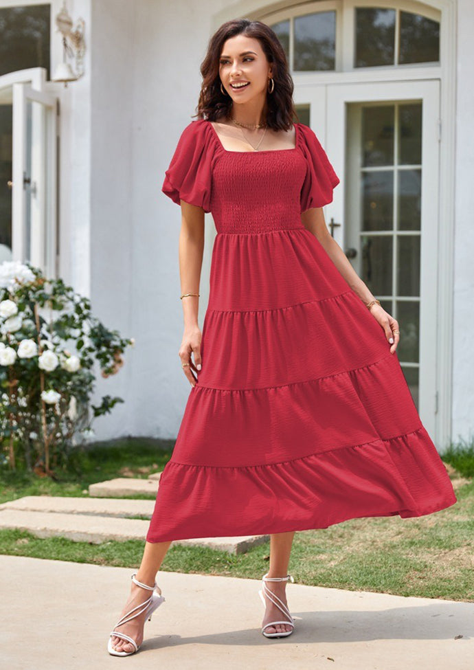 Square Neckline Puff Sleeve Smocked Maxi Dress