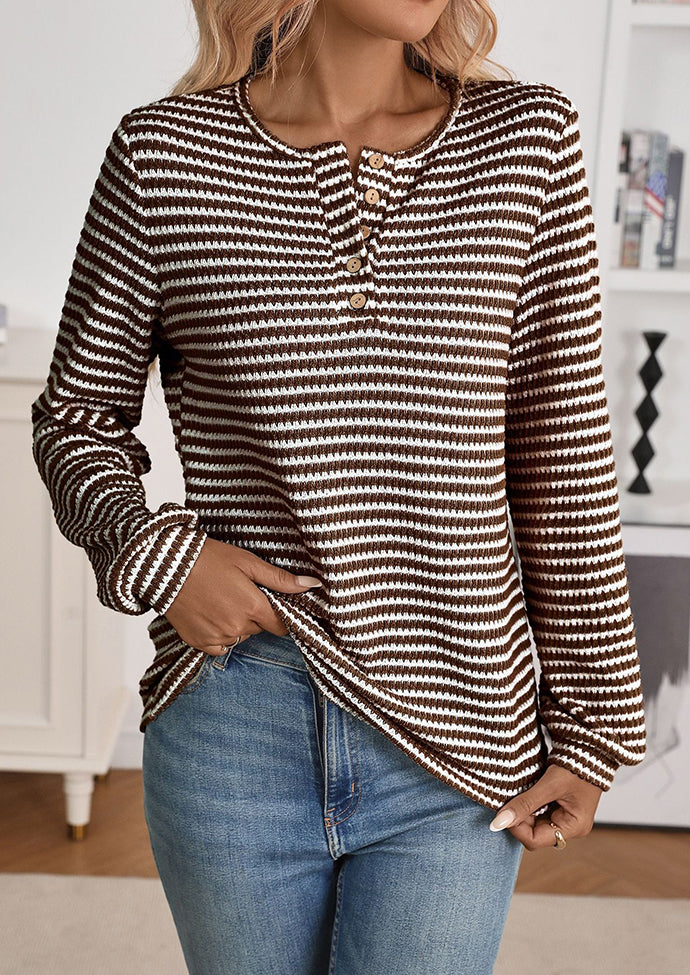 Textured Button Up Stripe Casual T-shirt