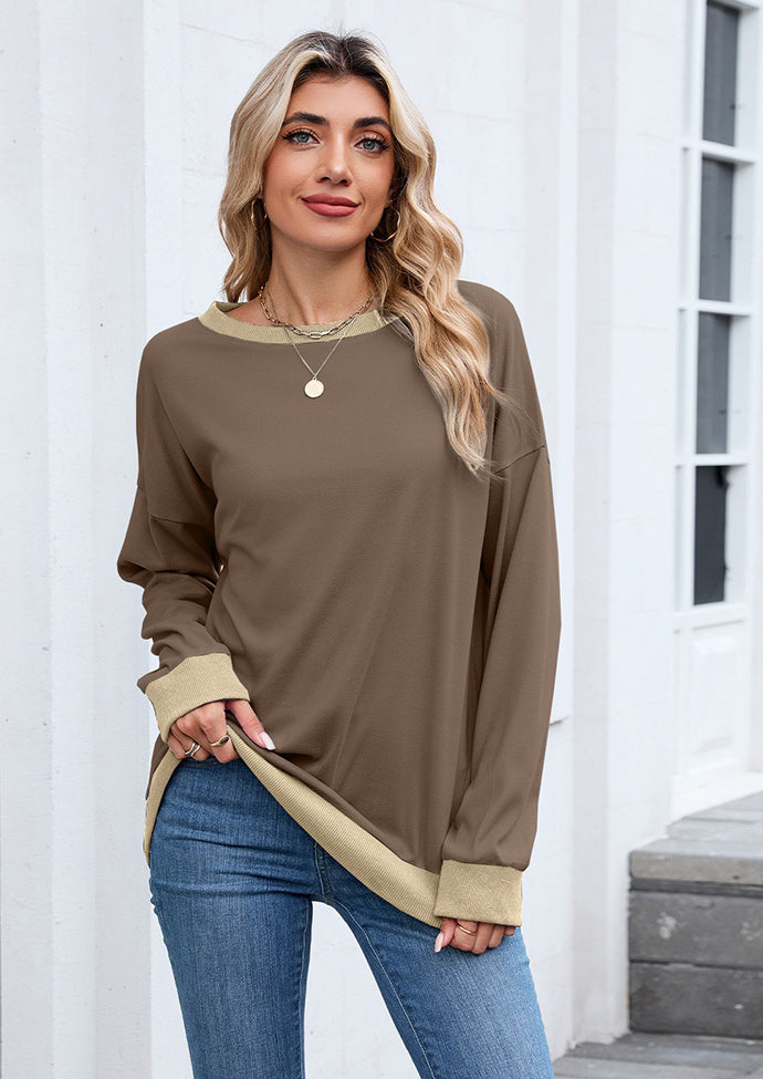 Ribbed Color Block Crew Neck Casual Sweatshirt