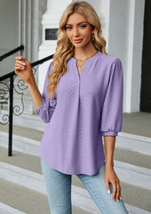 Jacquard Half Sleeve V Neck Casual Blouse