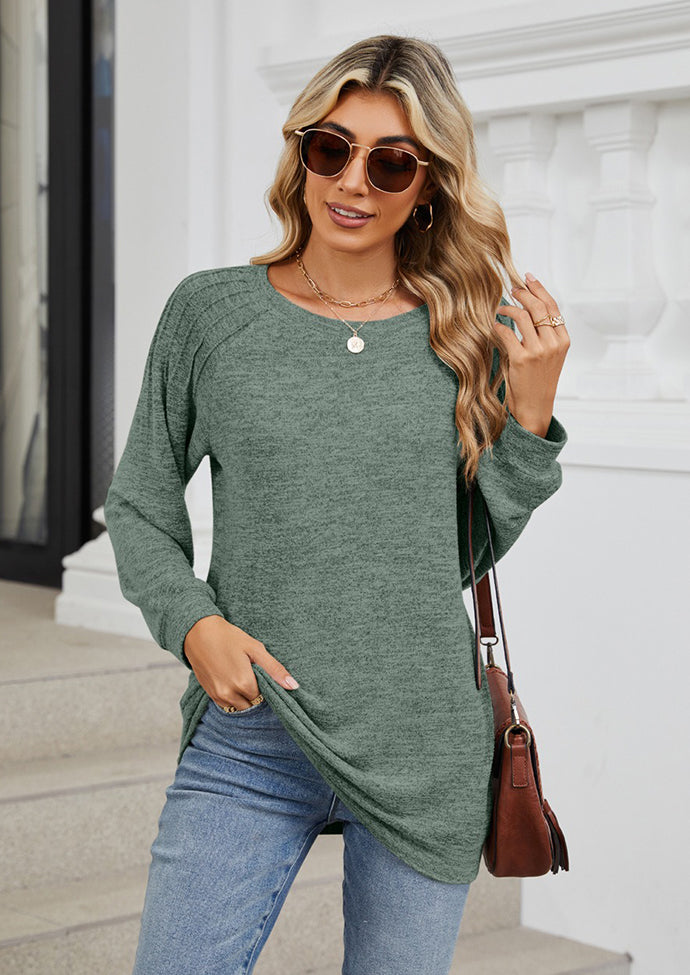 Pleated Long Sleeve Crew Neck Casual T-shirt