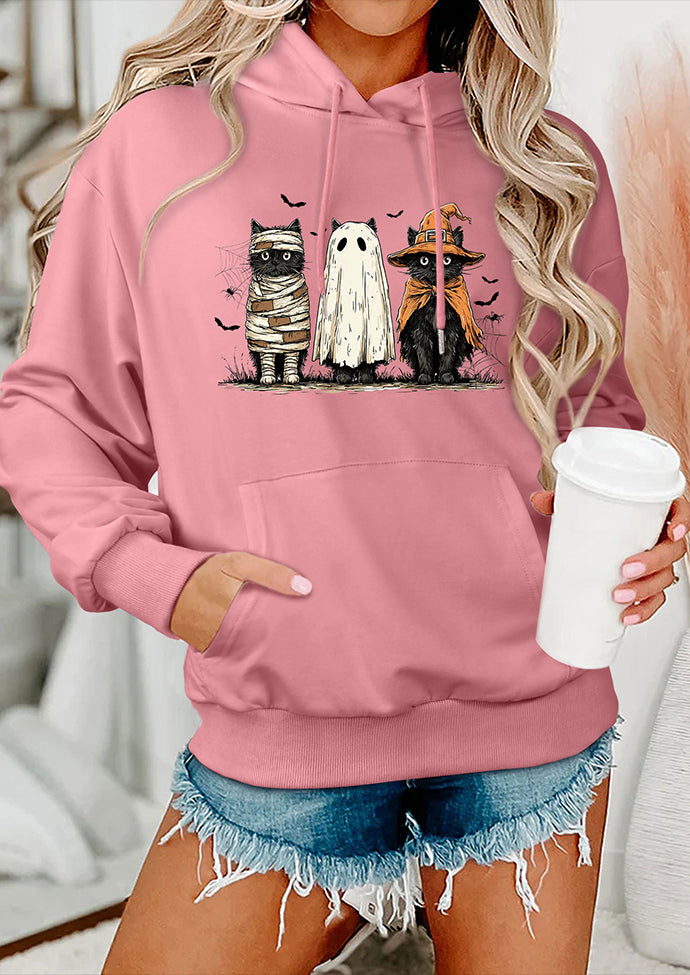 Spooky Cat Print Hooded Casual Sweatshirt