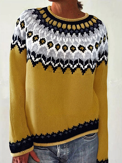 Retro Jacquard Crew Neck Sweater