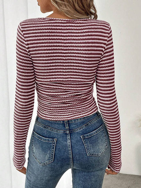 Striped Long Sleeve U Neck T-shirt