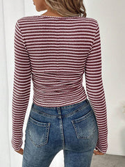 Striped Long Sleeve U Neck T-shirt