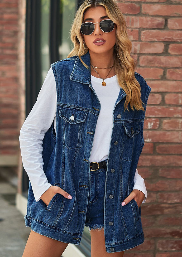 Retro Washed Denim Vest with Pockets