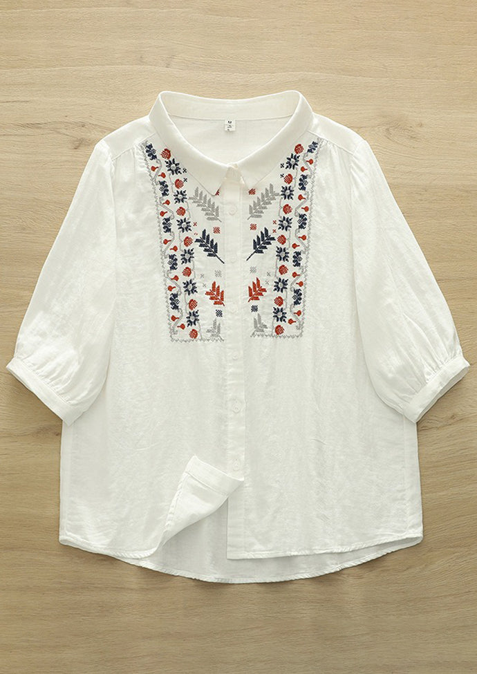 Embroidered Flower Double-layered Cotton Boho Shirt