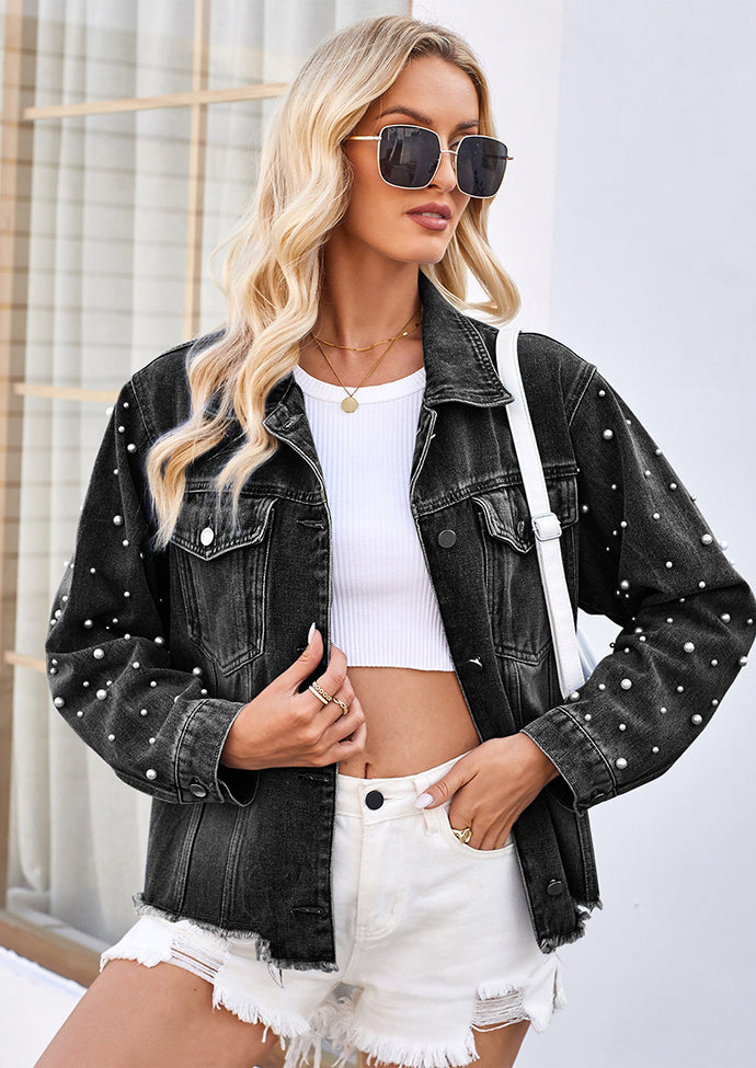 Washed Beading Raw Hem Denim Jacket