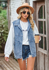 Button Up Hooded Denim Vest with Pockets