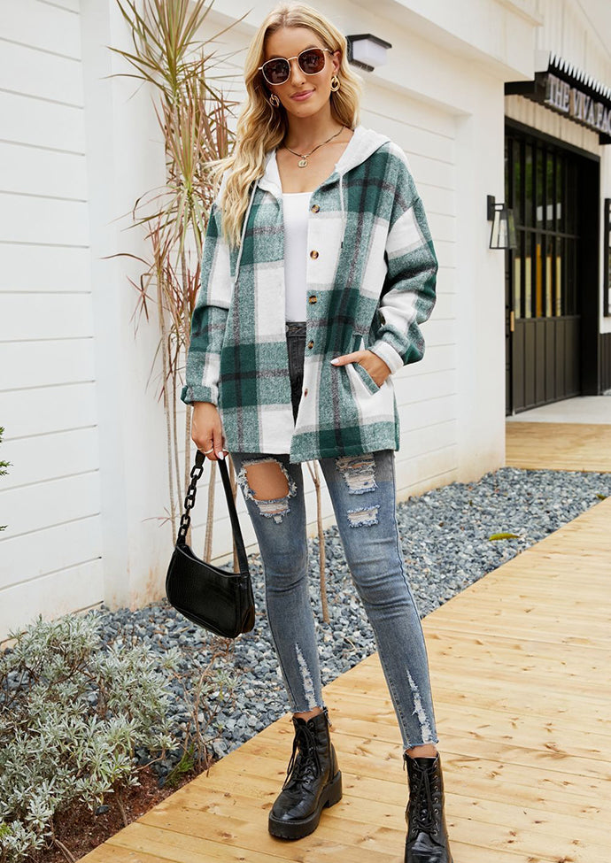 Plaid Button Up Hooded Shirt
