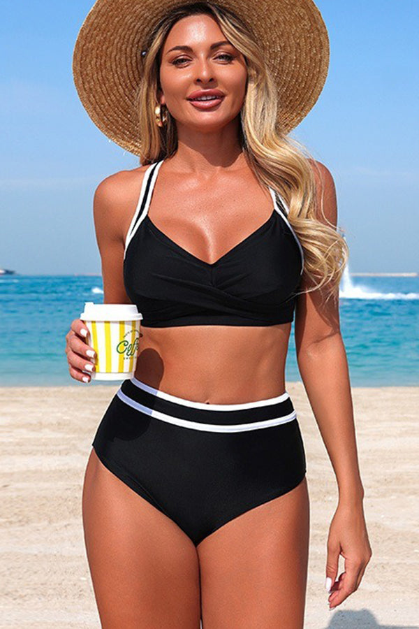Contrast Trim Twist Front 2-Piece Bikini Set - Swimwear from Cindelily