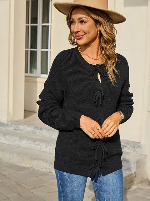 Button Up Bow Tie Knitted Cardigan