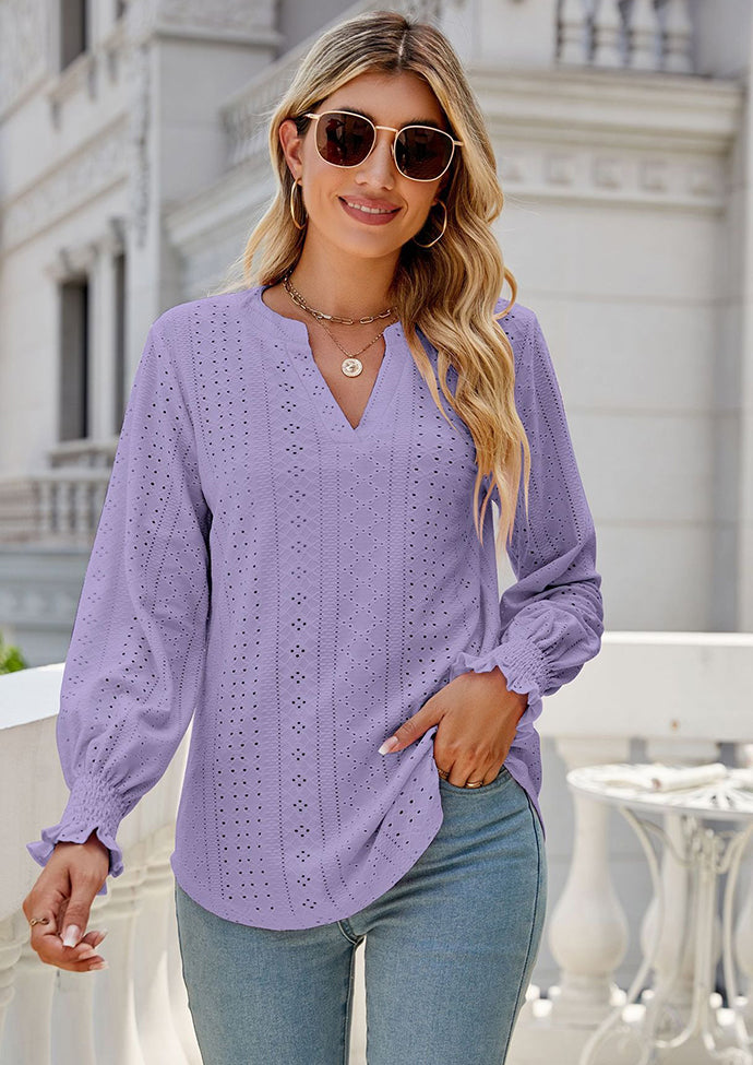 Jacquard V Neck Smocked Cuff Blouse