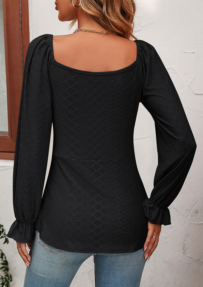 Jacquard Ruched V Neck Long Sleeve Blouse