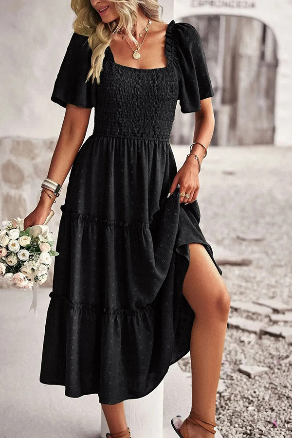 Jacquard Smocked Bodice Tiered Midi Dress - Dresses from Cindelily