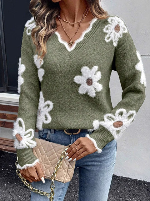 Floral Jacquard Knit V-neck Sweater