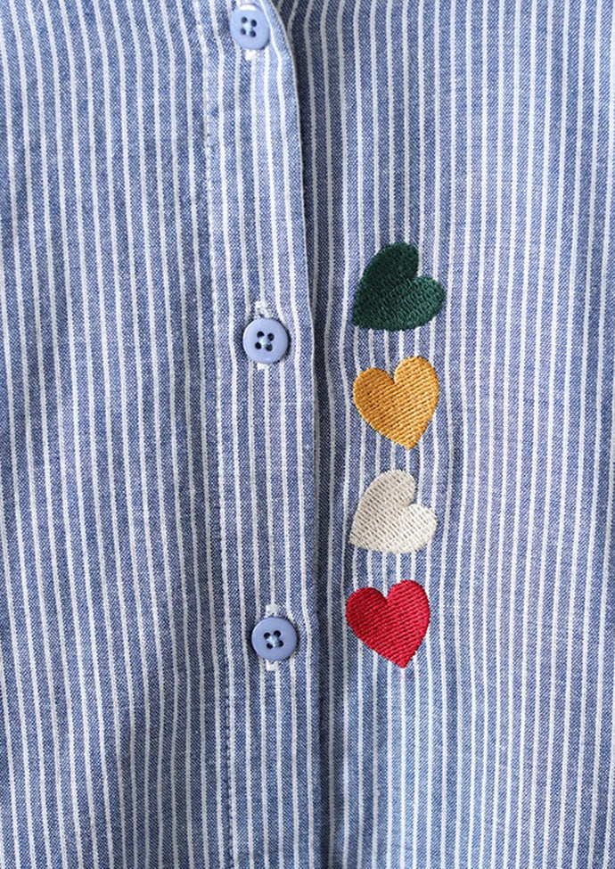 Heart Embroidered Striped Button Up Shirt
