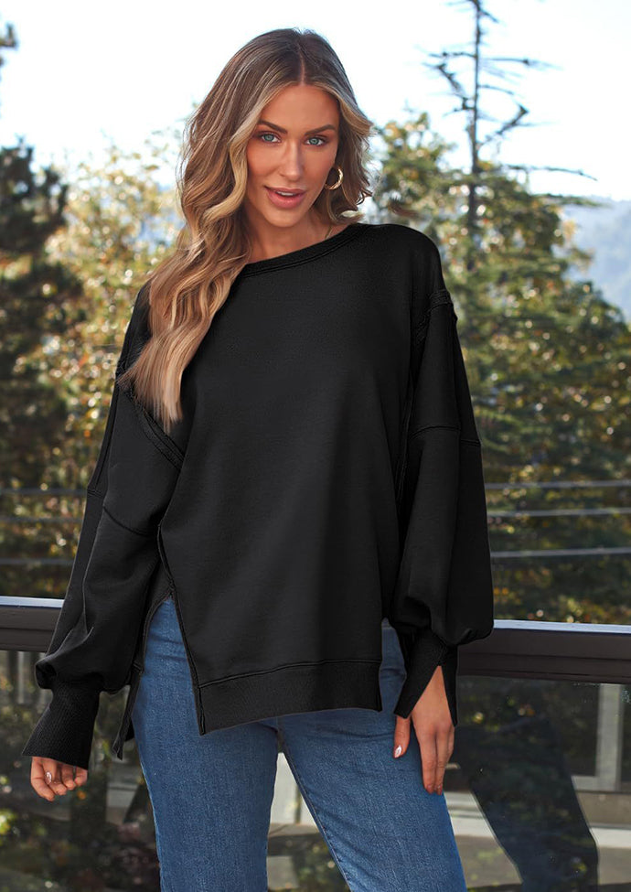 Crew Neck Side Split Casual Sweatshirt